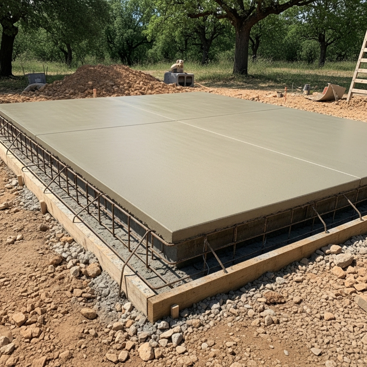 Réalisation de dalles de béton pour une cuisine d’été avec un coffrage de planches sapin et radier renforcé à Pertuis Bouches du Rhône